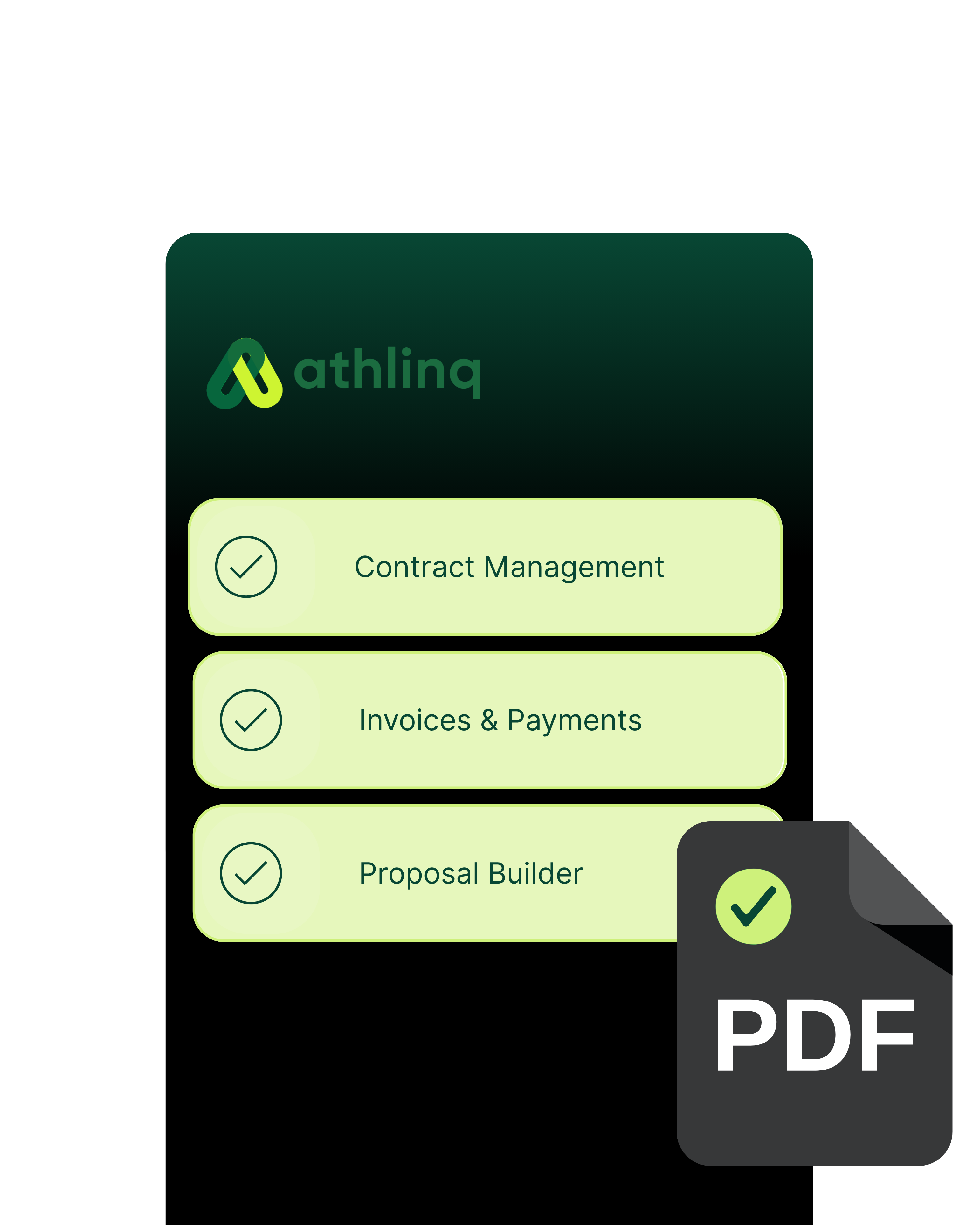 Athling software features with PDF icon on a white background